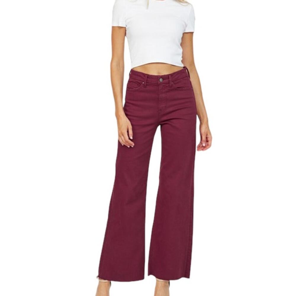 Mica Los Angeles Burgundy Denim Frayed Hem High Rise Wide Leg Jeans Size 28